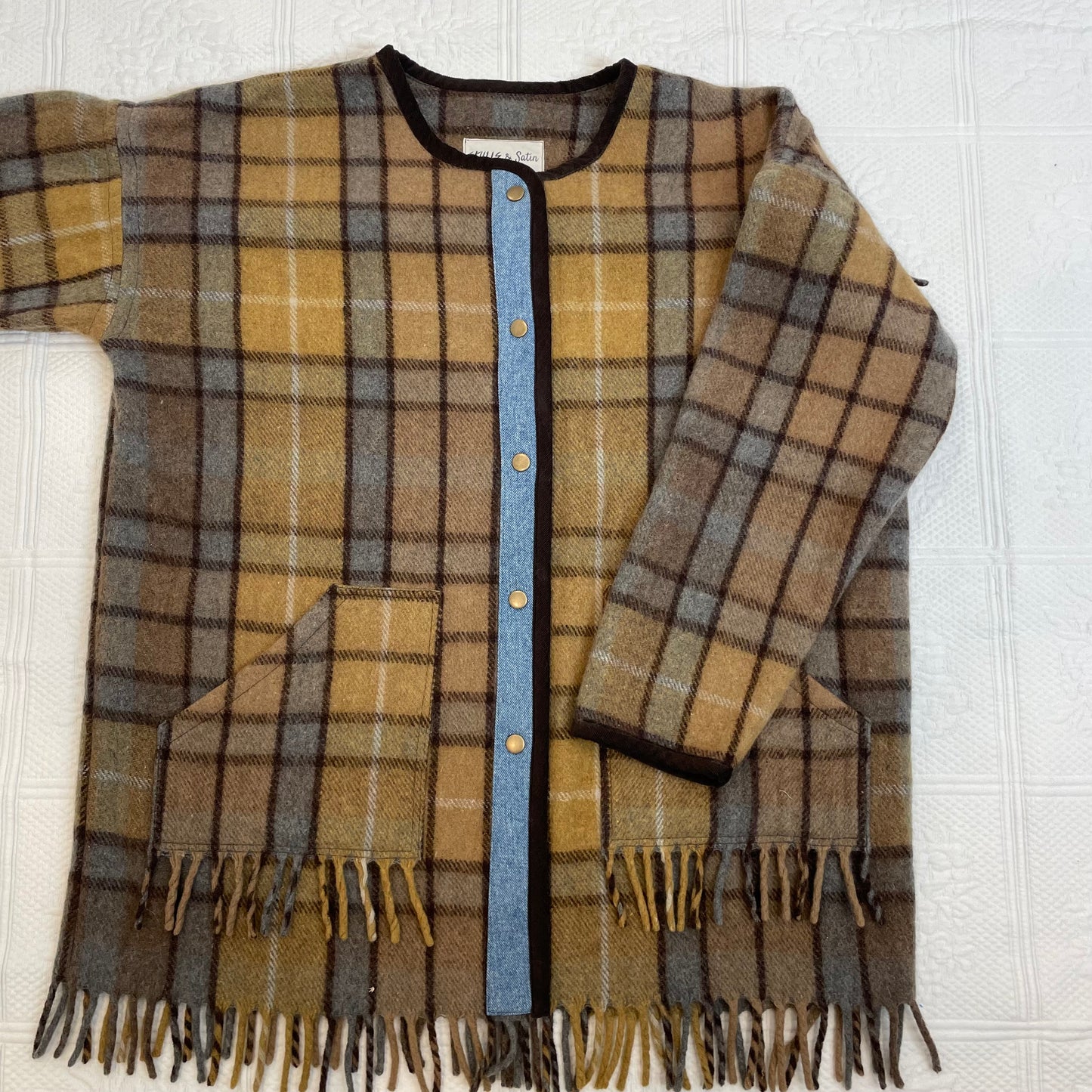 Beige Plaid Blanket Coat L-XL